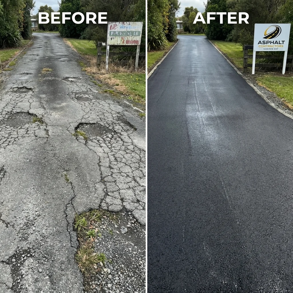 Asphalt Contractors Hawkes Bay before and after paving transformation
