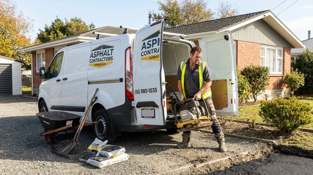Asphalt Contractors Hawkes Bay technician unloading paving equipment